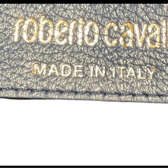 Roberto Cavalli Women’s Double Leather Handle Pebbled Blue Handbag - Picture 14 of 16